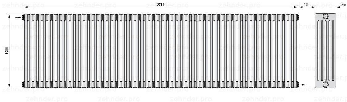 Схема (чертеж) Радиатор Zehnder Charleston 6180/59 №1670 Белый глянцевый RAL 9016